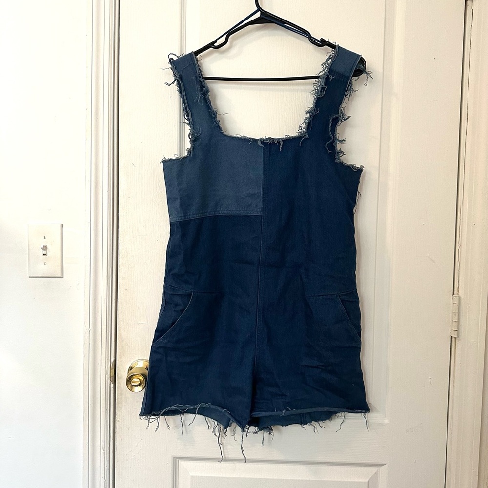Zara Navy Frayed Denim Jumpsuit